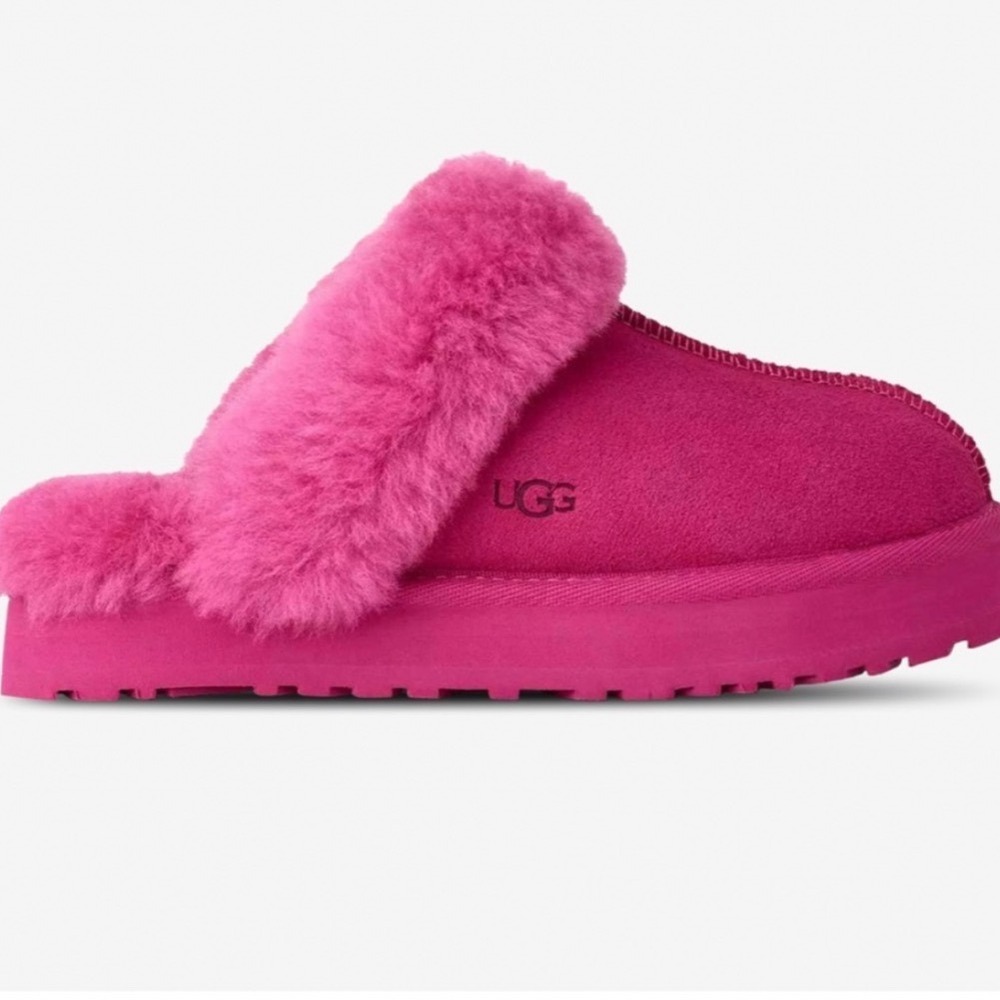 UGG Pink Suede Sheepskin Fur Slide Disquette Slippers Women's Size 6